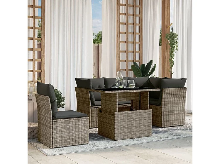 Salon de jardin 6 pcs avec coussins gris résine tressée