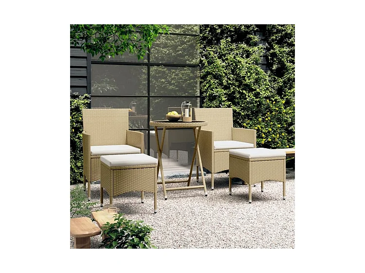 Ensemble de bistro 5 pcs Résine tressée et verre trempé Beige