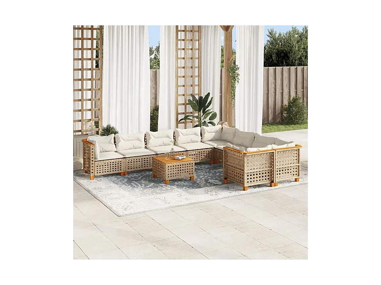Salon de jardin avec coussins 10 pcs beige résine tressée
