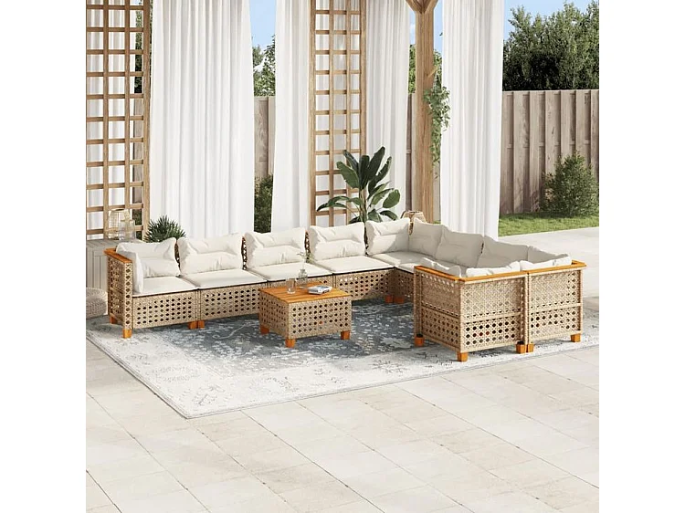 Salon de jardin avec coussins 10 pcs beige résine tressée