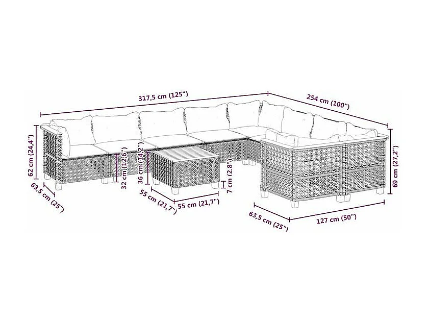Salon de jardin avec coussins 10 pcs beige résine tressée