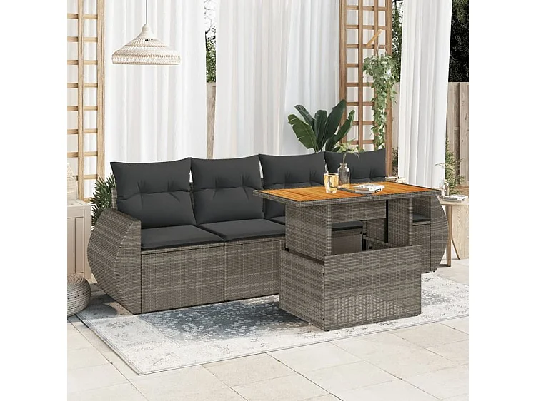 Salon de jardin 5 pcs avec coussins gris résine tressée