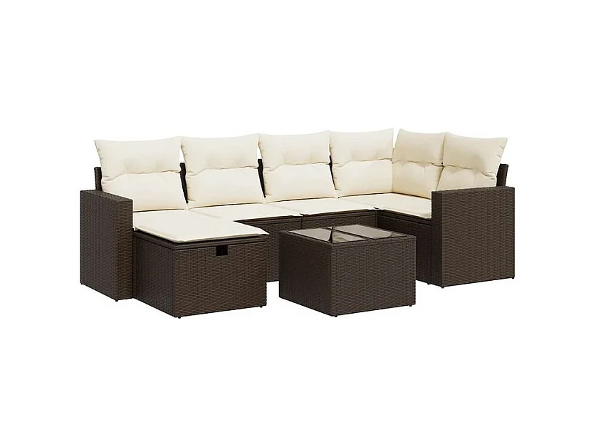 Salon de jardin avec coussins 7 pcs marron résine tressée