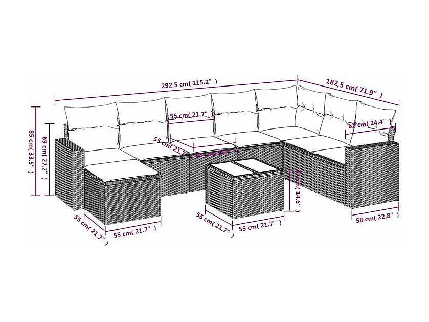 Salon de jardin avec coussins 9 pcs marron résine tressée