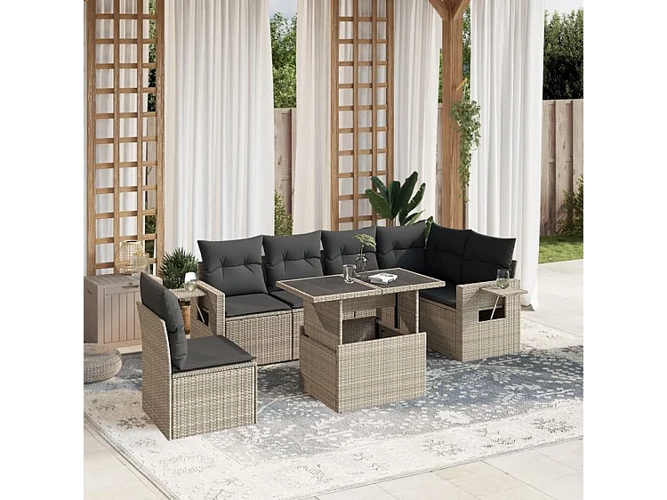 Salon de jardin avec coussins 7 pcs gris clair résine tressée