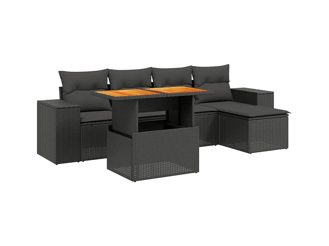Salon de jardin 6 pcs avec coussins noir résine tressée