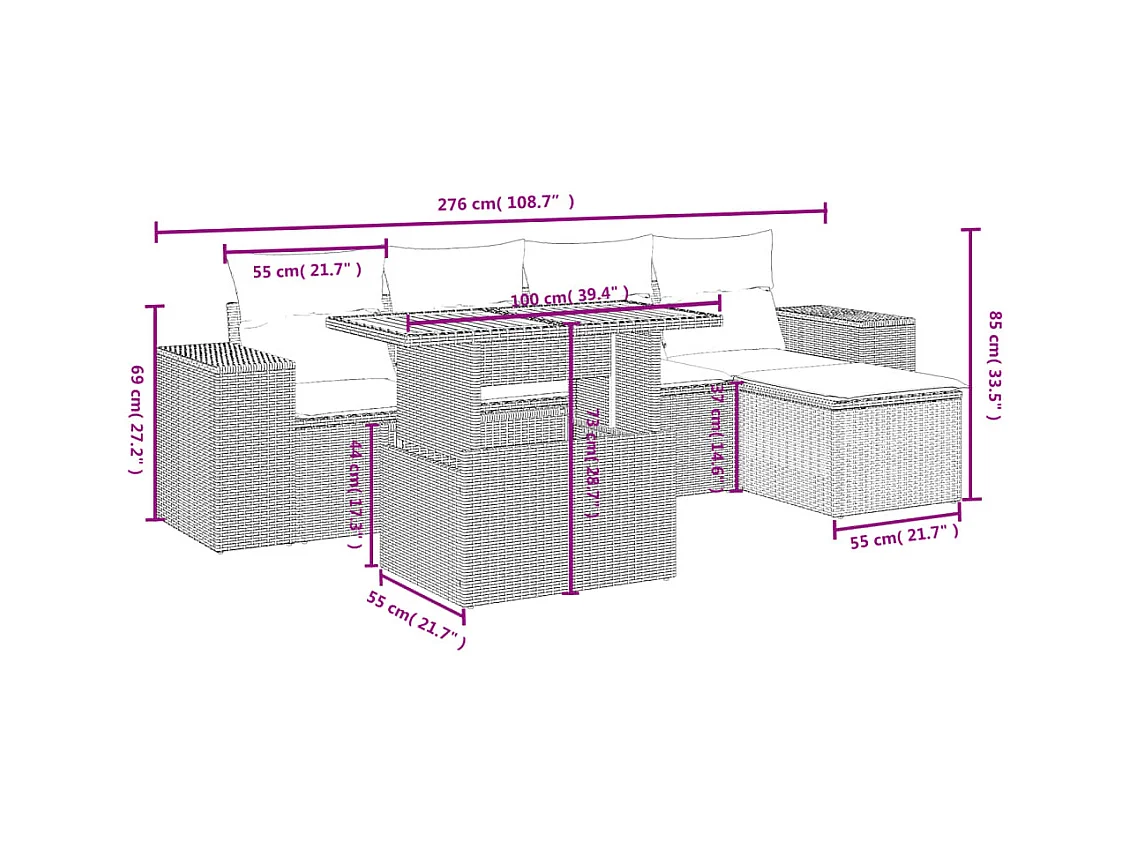 Salon de jardin 6 pcs avec coussins noir résine tressée