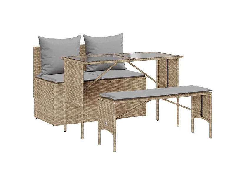 Ensemble à manger de jardin et coussins 3 pcs Beige poly rotin