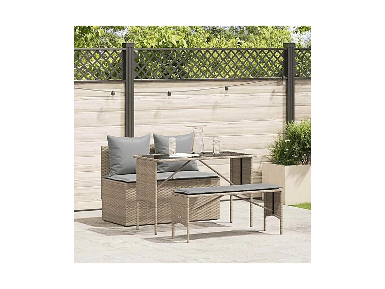 Ensemble à manger de jardin et coussins 3 pcs Beige poly rotin
