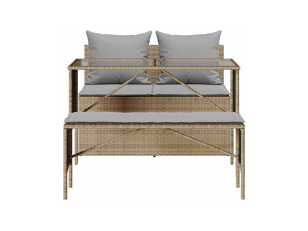 Ensemble à manger de jardin et coussins 3 pcs Beige poly rotin