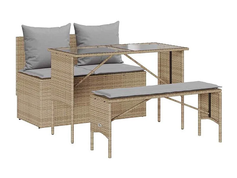 Ensemble à manger de jardin et coussins 3 pcs Beige poly rotin