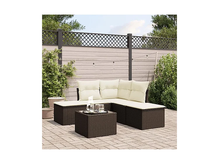Salon de jardin avec coussins 6 pcs marron résine tressée