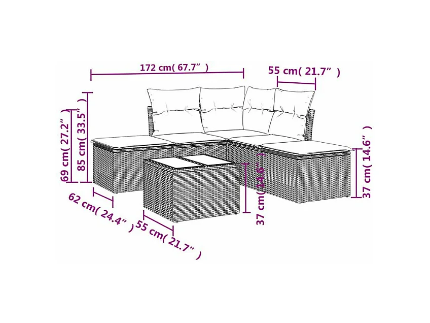 Salon de jardin avec coussins 6 pcs marron résine tressée