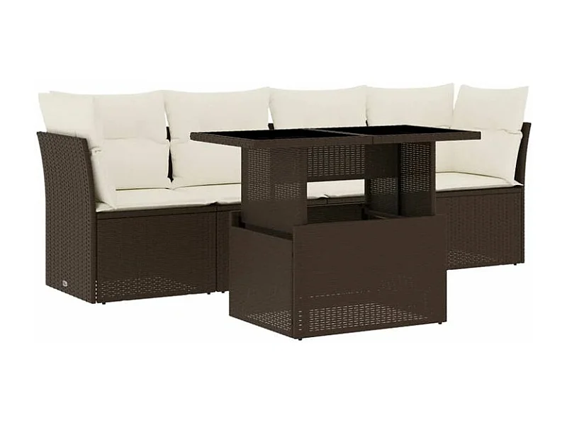 Salon de jardin avec coussins 5 pcs marron résine tressée