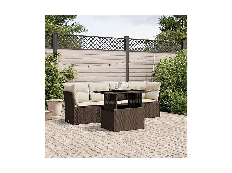 Salon de jardin avec coussins 5 pcs marron résine tressée