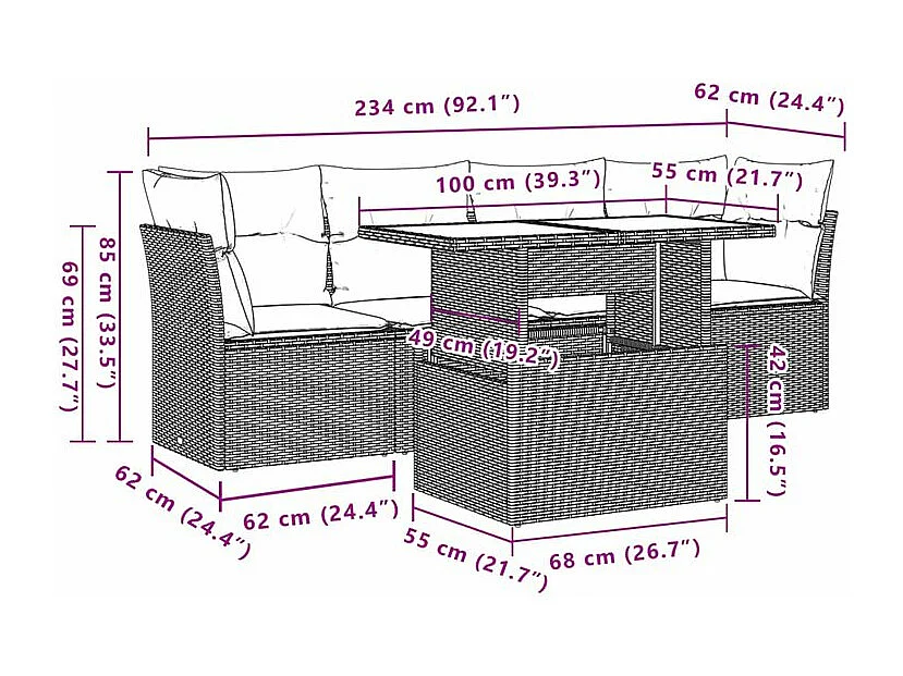 Salon de jardin avec coussins 5 pcs marron résine tressée