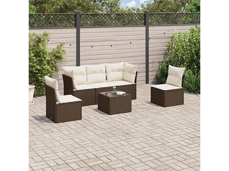 Salon de jardin avec coussins 6 pcs marron résine tressée