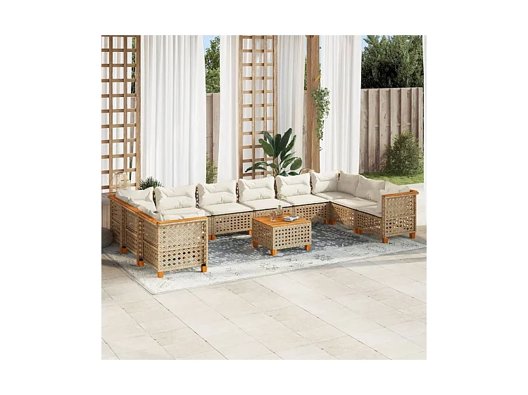 Salon de jardin 11 pcs avec coussins beige résine tressée