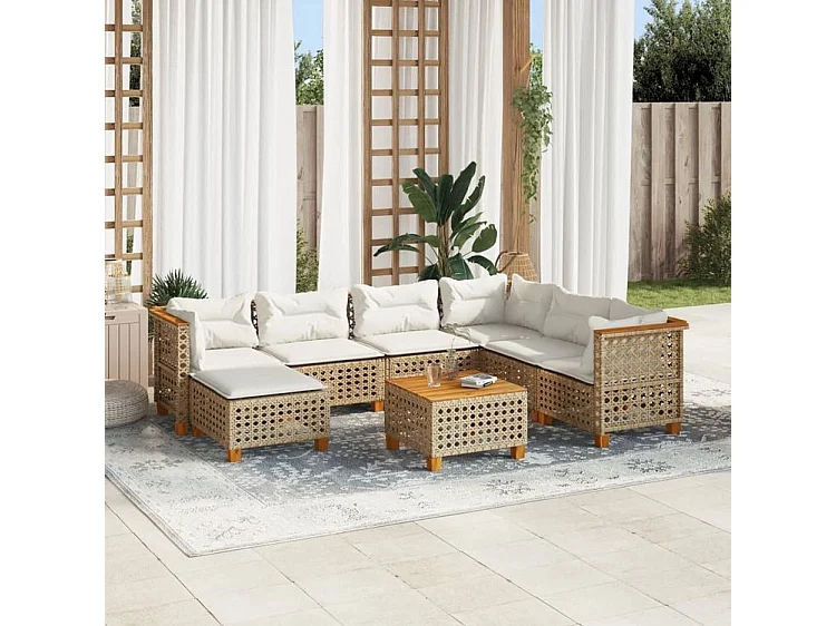 Salon de jardin avec coussins 8 pcs beige résine tressée