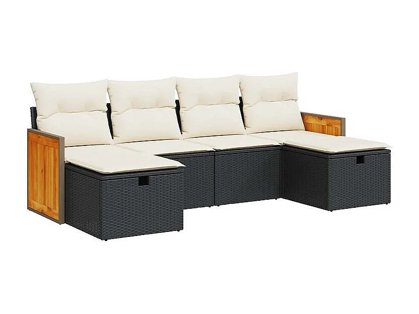 Salon de jardin 6 pcs avec coussins noir résine tressée