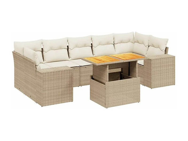 Salon de jardin avec coussins 8 pcs beige résine tressée
