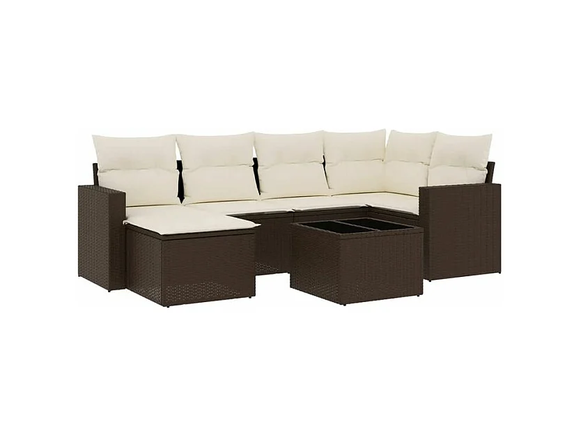 Salon de jardin avec coussins 7 pcs marron résine tressée