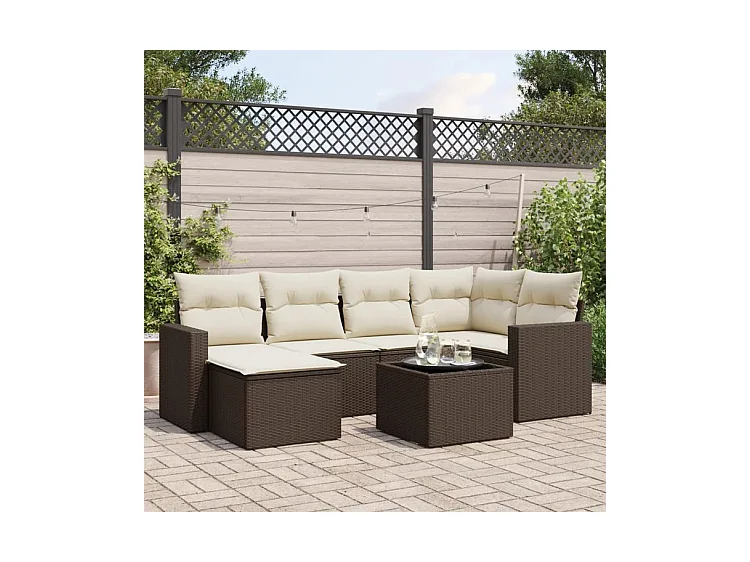 Salon de jardin avec coussins 7 pcs marron résine tressée