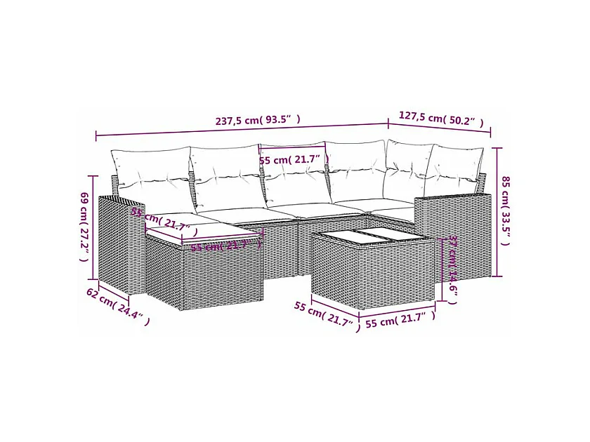 Salon de jardin avec coussins 7 pcs marron résine tressée