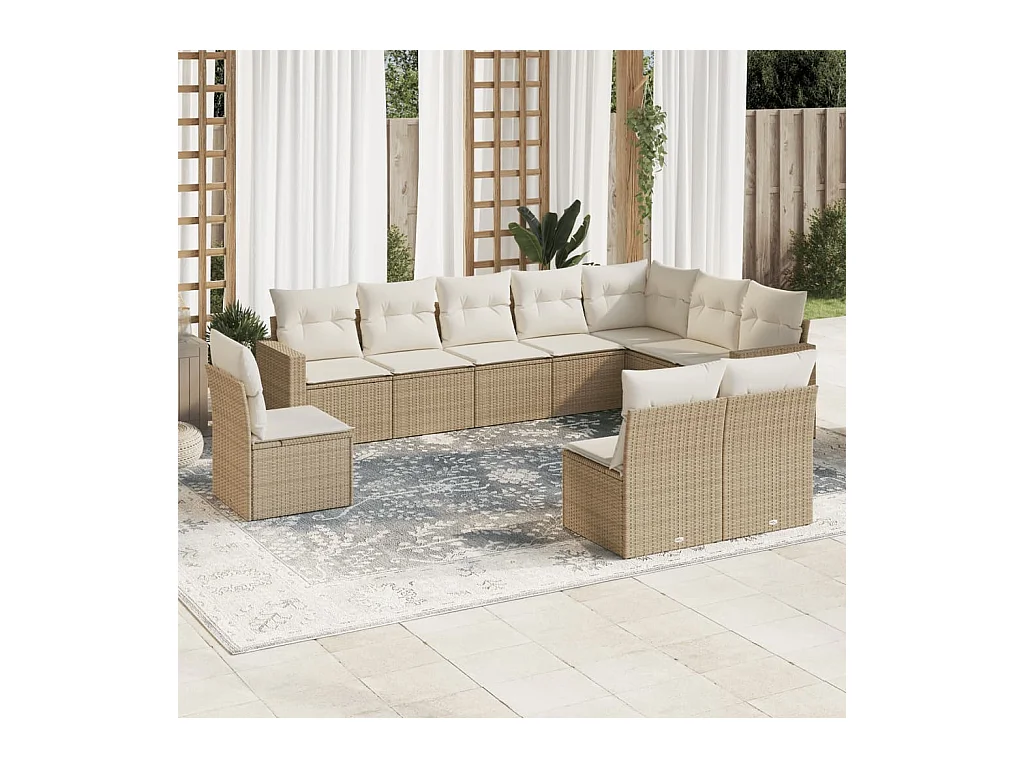 Salon de jardin avec coussins 10 pcs beige résine tressée