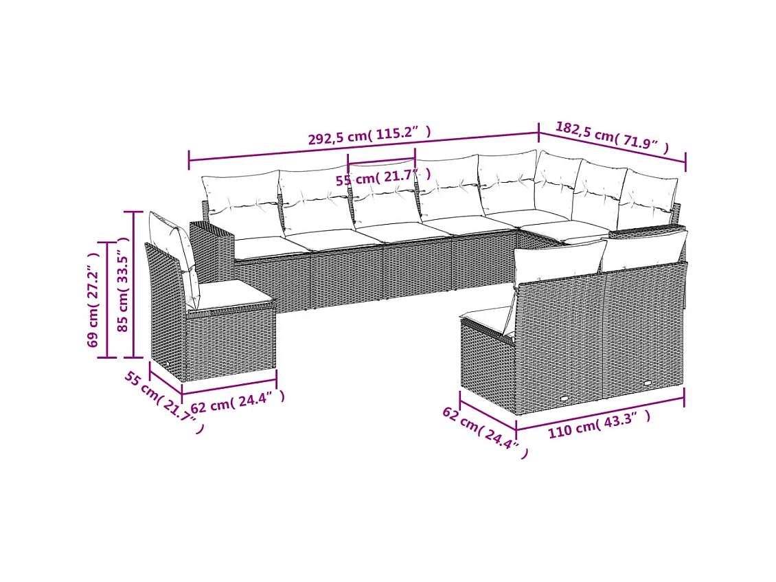 Salon de jardin avec coussins 10 pcs beige résine tressée