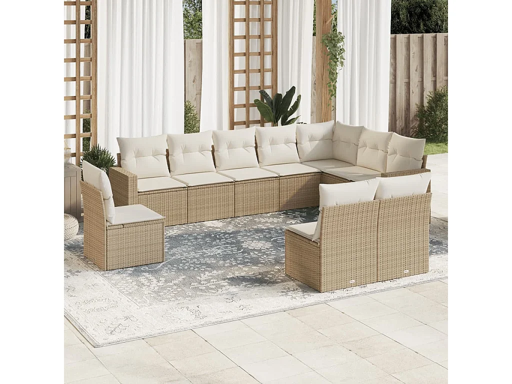 Salon de jardin avec coussins 10 pcs beige résine tressée