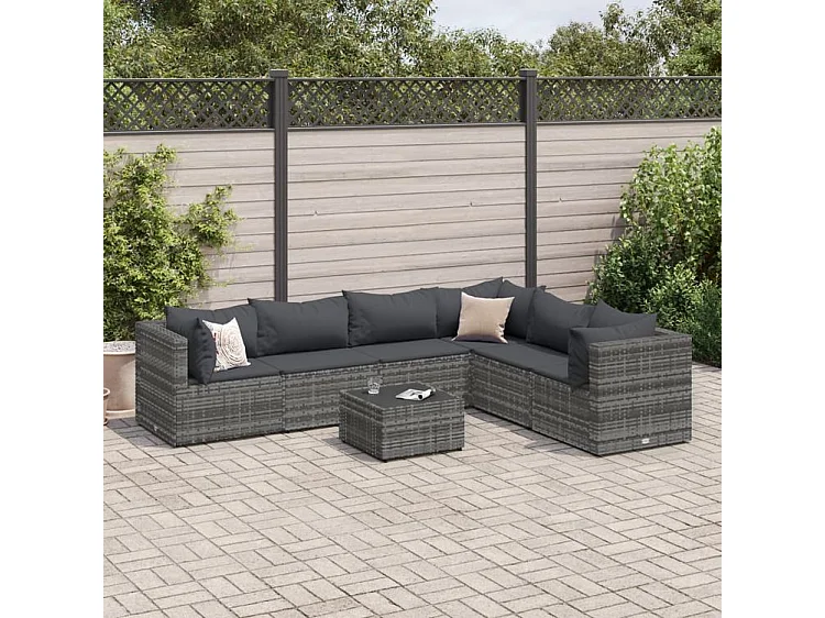 Salon de jardin 7 pcs avec coussins Gris Résine tressée