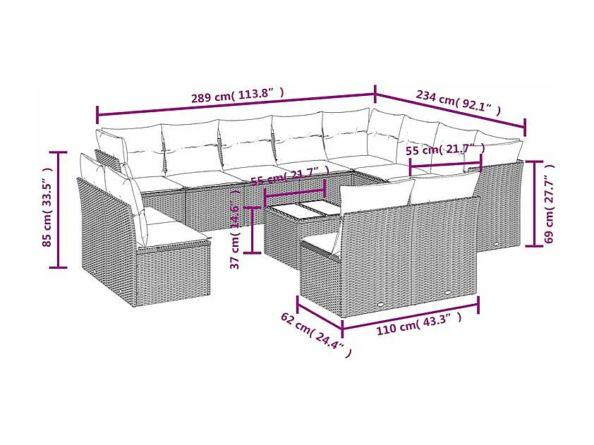 Salon de jardin avec coussins 13 pcs marron résine tressée