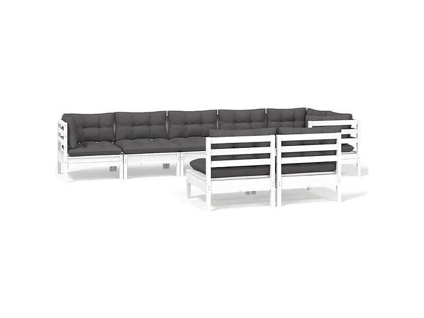 Salon de jardin 8 pcs avec coussins blanc bois de pin massif