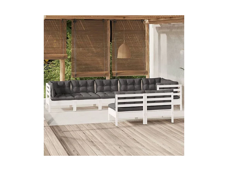Salon de jardin 8 pcs avec coussins blanc bois de pin massif