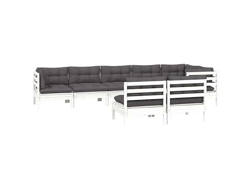Salon de jardin 8 pcs avec coussins blanc bois de pin massif