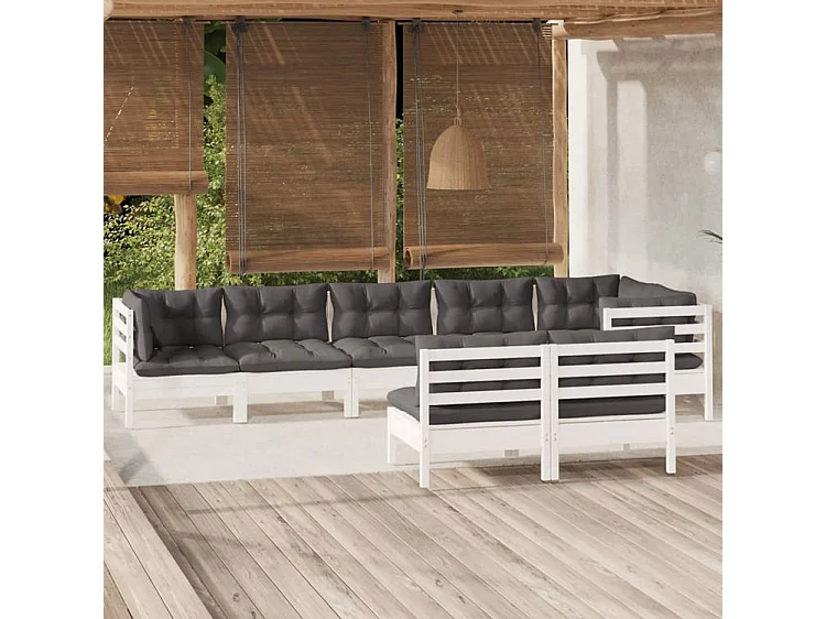 Salon de jardin 8 pcs avec coussins blanc bois de pin massif
