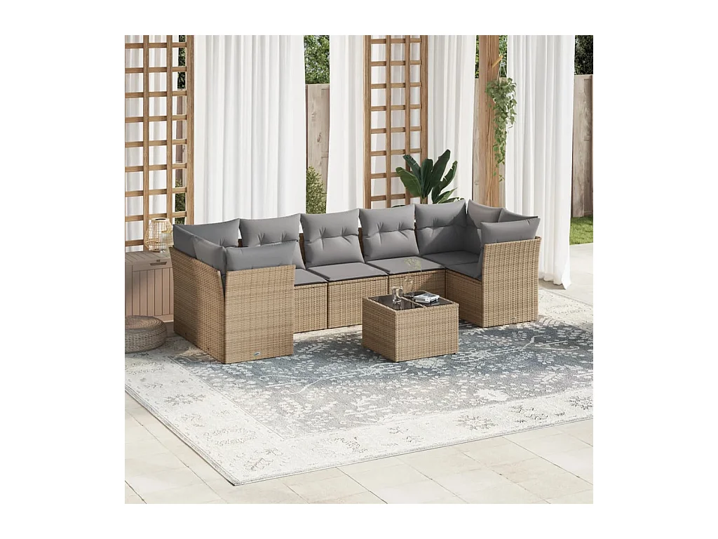 Salon de jardin avec coussins 8 pcs beige résine tressée