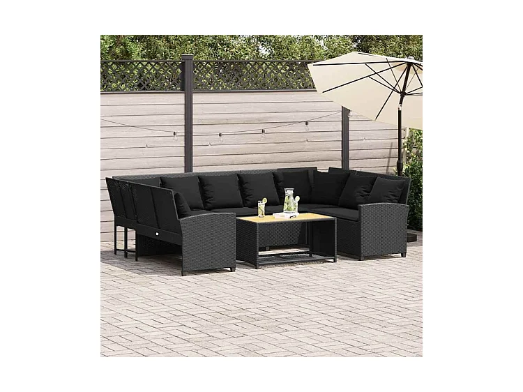 Canapé de jardin avec coussins Noir Résine tressée