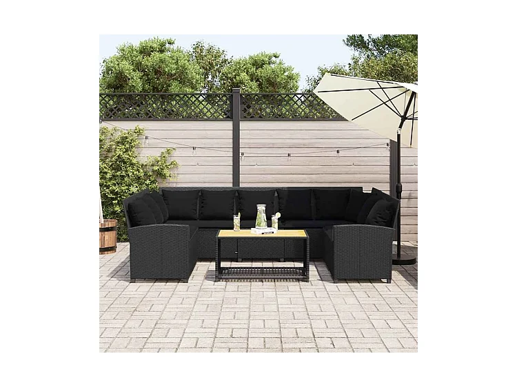 Canapé de jardin avec coussins Noir Résine tressée