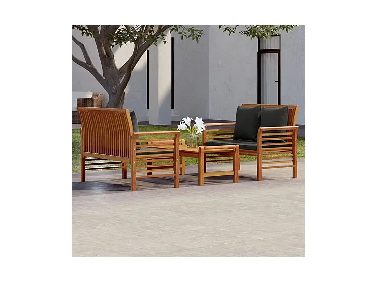 Salon de jardin 3 pcs avec coussins bois massif d'acacia