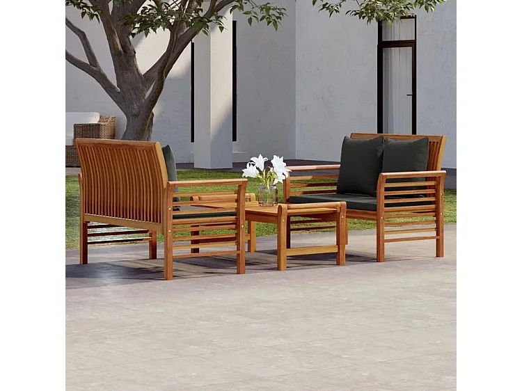 Salon de jardin 3 pcs avec coussins bois massif d'acacia