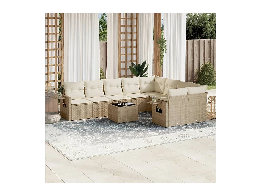 Salon de jardin avec coussins 10 pcs beige résine tressée