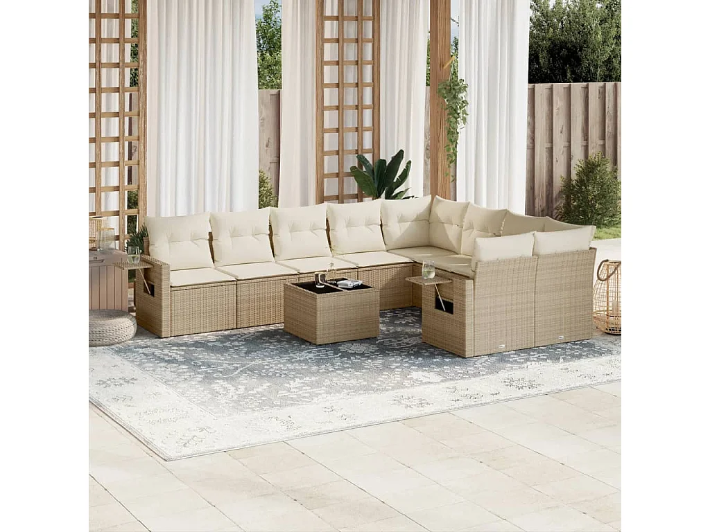 Salon de jardin avec coussins 10 pcs beige résine tressée
