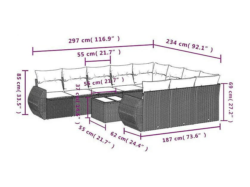 Salon de jardin et coussins 11 pcs marron résine tressée