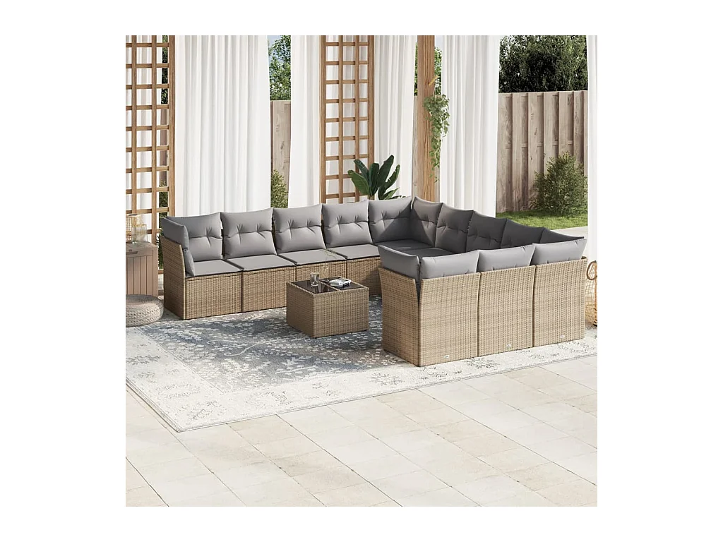 Salon de jardin avec coussins 12 pcs beige résine tressée