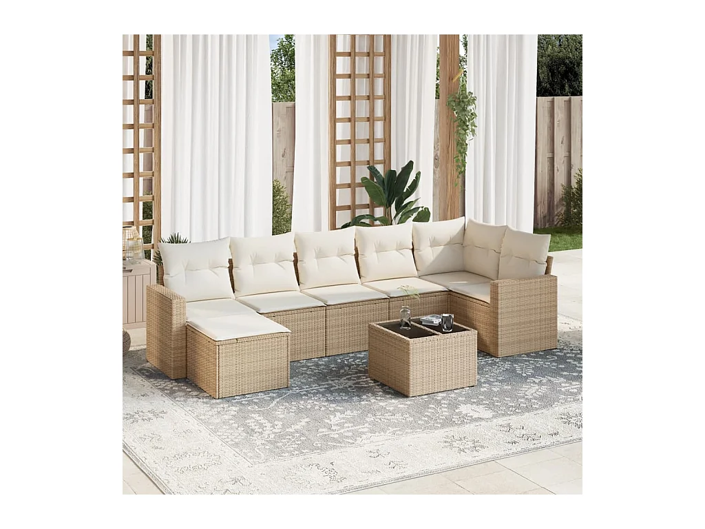 Salon de jardin avec coussins 8 pcs beige résine tressée