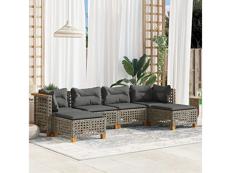 Salon de jardin 6 pcs avec coussins gris résine tressée