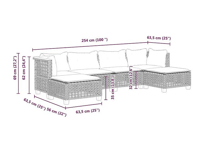 Salon de jardin 6 pcs avec coussins gris résine tressée