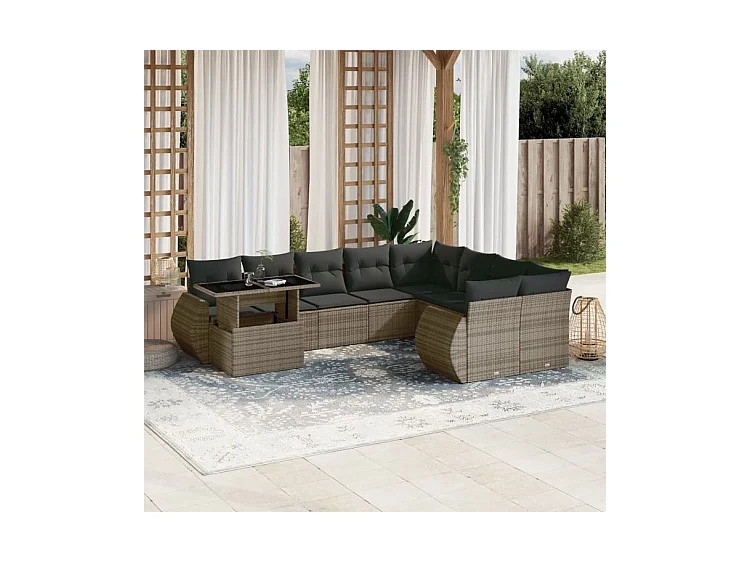 Salon de jardin avec coussins 10 pcs gris résine tressée
